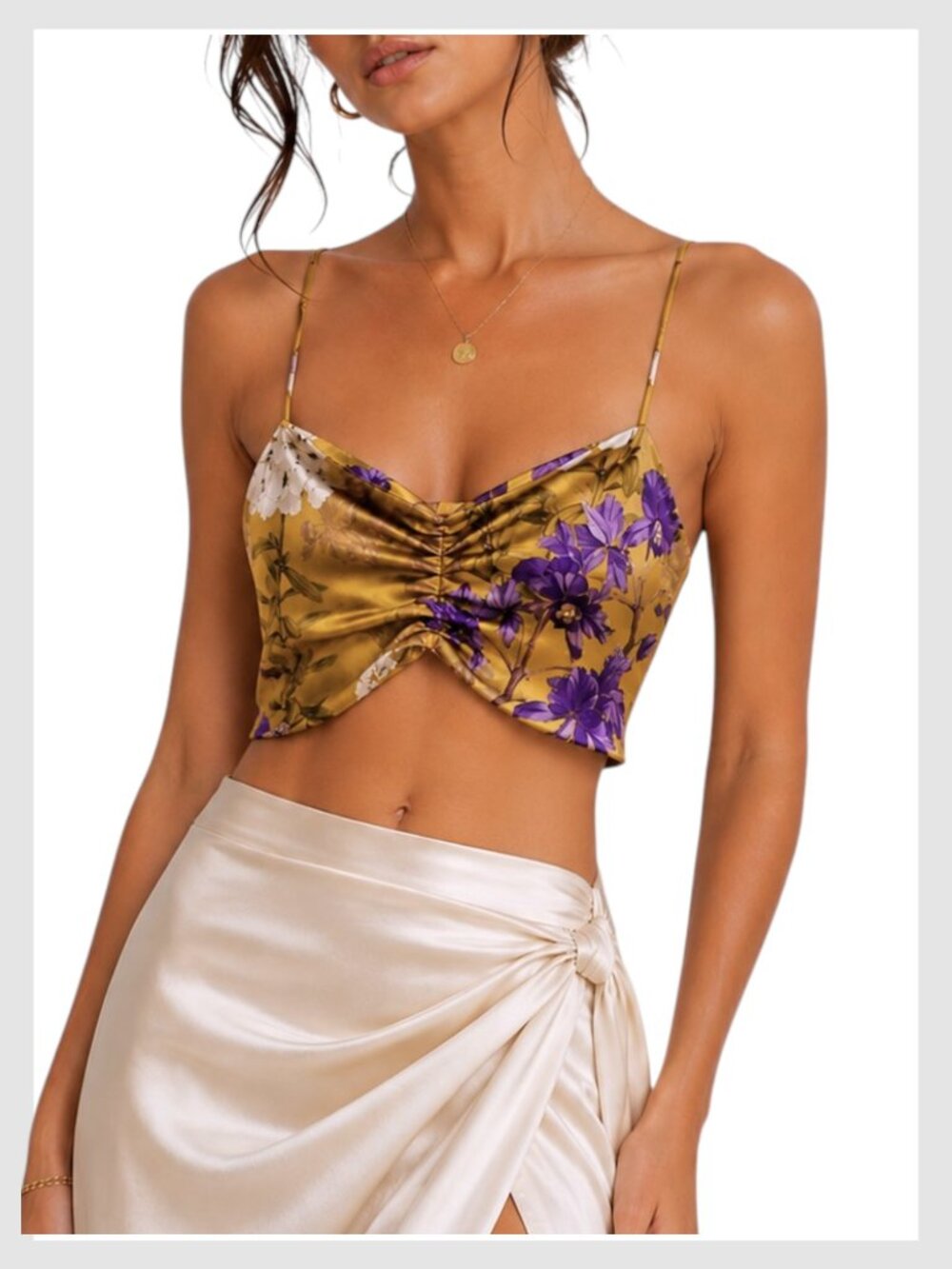 Eugenia Fernández Satin Floral Ruched Corset Crop Top Yellow Purple M